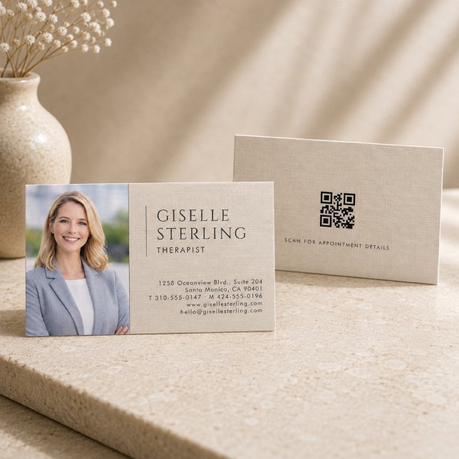Therapist Linen Photo QR Code Business Card (Creator Uploaded)