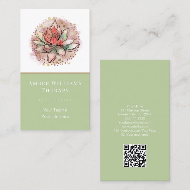 Therapist Spa Succulent Yoga Healing QR Code Business Card (Front/Back)