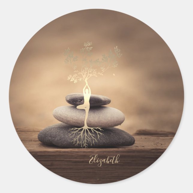 Therapist Zen Stones, Gold Tree Silhouette Brown Classic Round Sticker (Front)