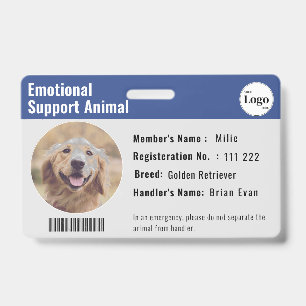 Therapy Animal ID Photo Barcode Deep Blue Badge