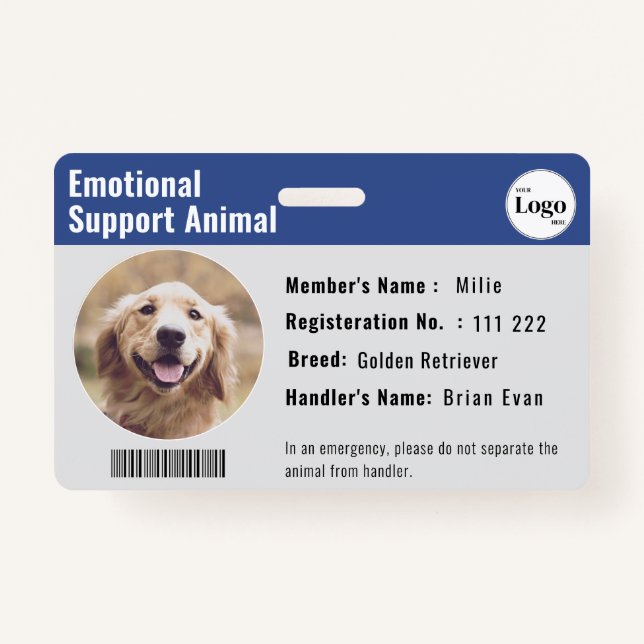 Therapy Animal ID Photo Barcode Deep Blue ID Badge (Front)