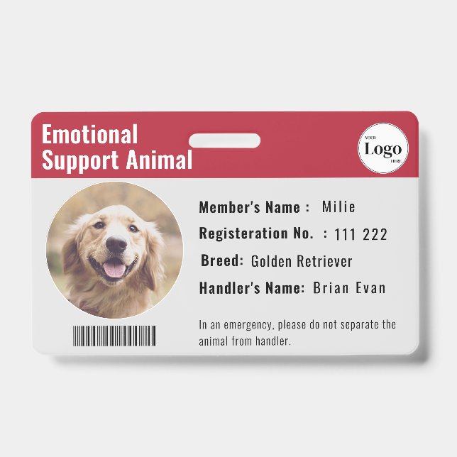 Therapy Animal ID Photo Barcode Red Grey Badge (Front)