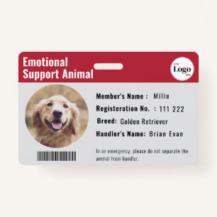 Therapy Animal ID Photo Barcode Red Grey ID Badge