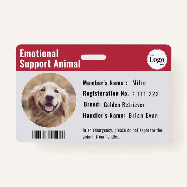 Therapy Animal ID Photo Barcode Red Grey ID Badge (Front)