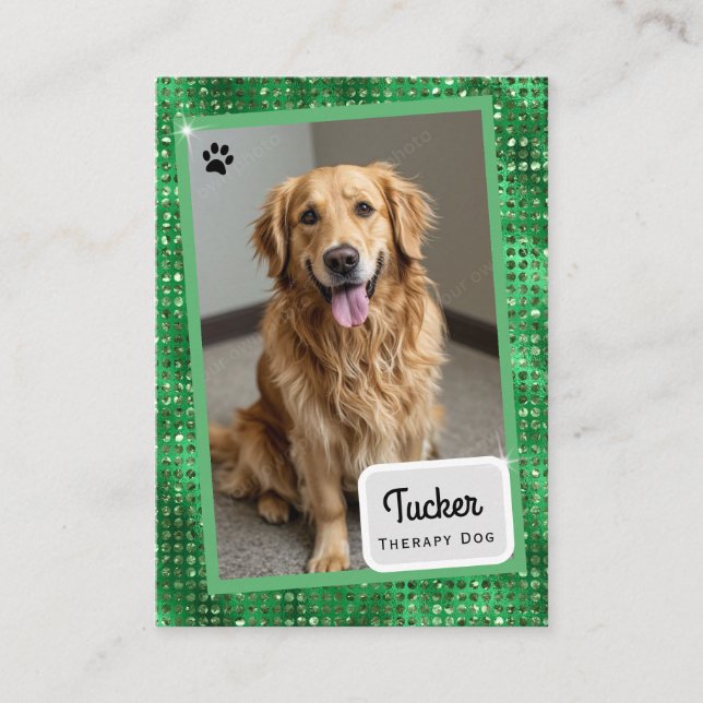 Therapy Dog Trading Card Green Sparkle (Front)