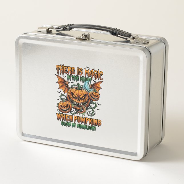 There Is Magic Halloween Monster Pumpkins Bat Wing Metal Lunch Box (Front)