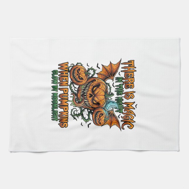 There Is Magic Halloween Monster Pumpkins Bat Wing Tea Towel (Horizontal)