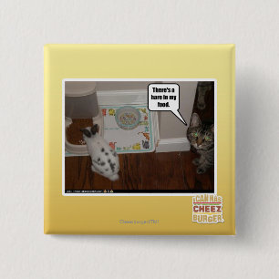 There's a hare in my food. 15 cm square badge