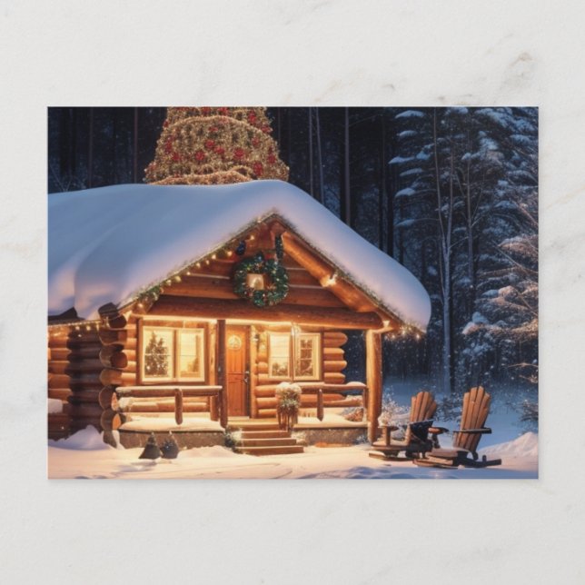 There's Snow On Our Wood Cabin Holiday Postcard (Front)