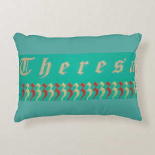 Theresa Graphic name design aqua blue and red Decorative Cushion