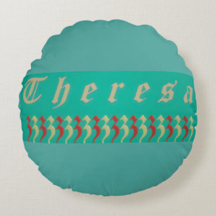 Theresa Graphic name design aqua blue and red Round Cushion