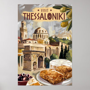 Thessaloniki Greece Painterly Travel Art Vintage Poster