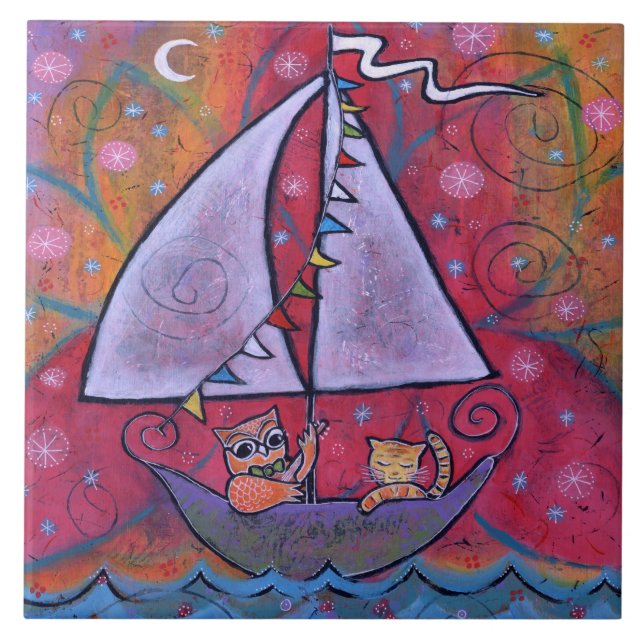 They Sailed by the Light of the Moon Owl and Cat Tile (Front)