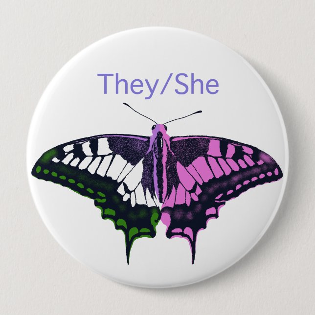 They/She Non-Binary Flag Swallowtail Butterfly 10 Cm Round Badge (Front)