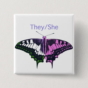 They/She Non-Binary Flag Swallowtail Butterfly 15 Cm Square Badge