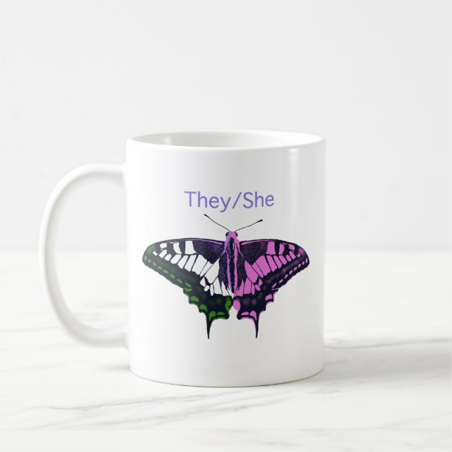 They/She Non-Binary Flag Swallowtail Butterfly Coffee Mug (Left)