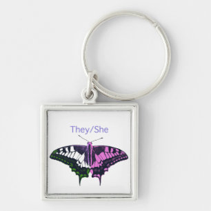 They/She Non-Binary Flag Swallowtail Butterfly Key Ring
