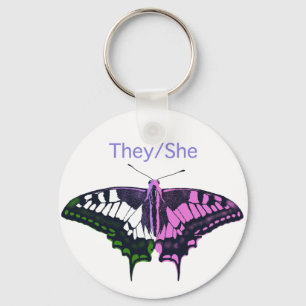 They/She Non-Binary Flag Swallowtail Butterfly Key Ring