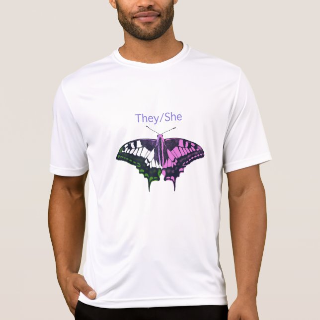 They/She Non-Binary Flag Swallowtail Butterfly T-Shirt (Front)