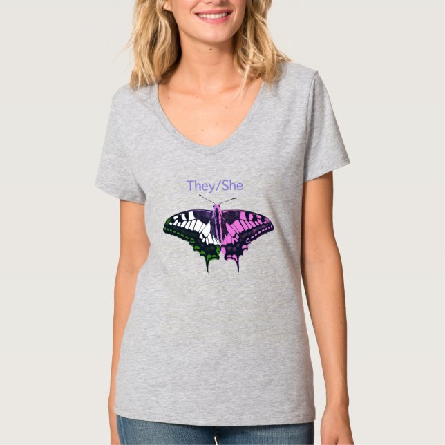 They/She Non-Binary Flag Swallowtail Butterfly T-Shirt (Front)