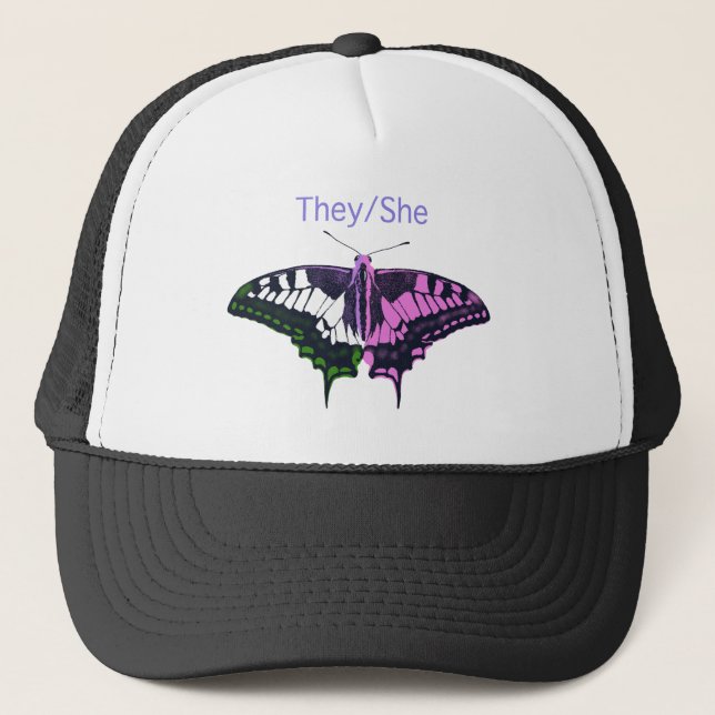 They/She Non-Binary Flag Swallowtail Butterfly Trucker Hat (Front)