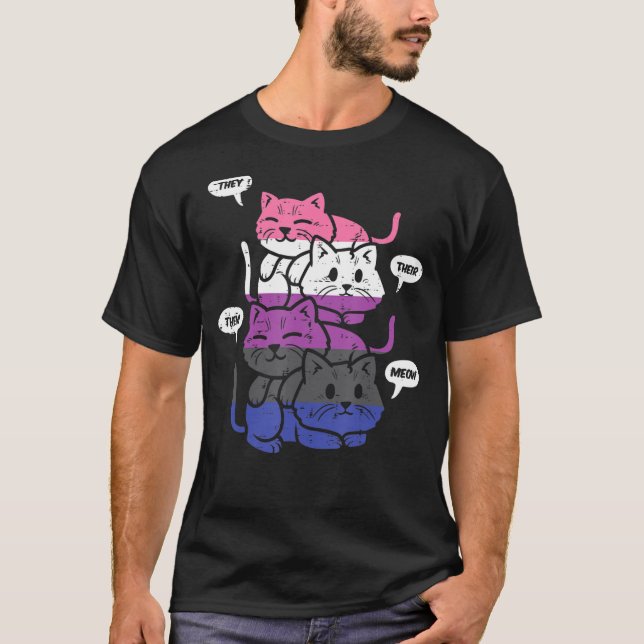 They Their Them Meow Cats Pronouns Lgbtq Genderflu T-Shirt (Front)
