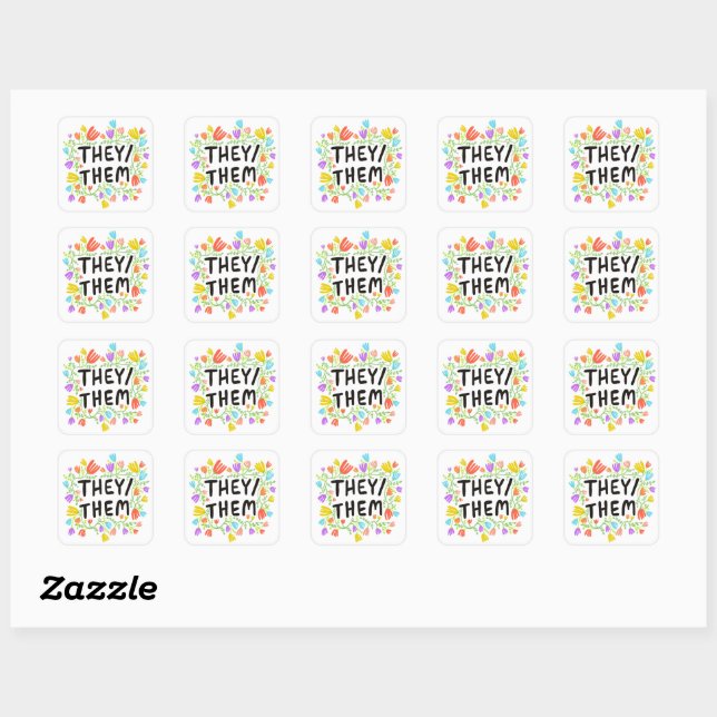 THEY /THEM Pronouns Floral Handlettering Set of Square Sticker (Sheet)