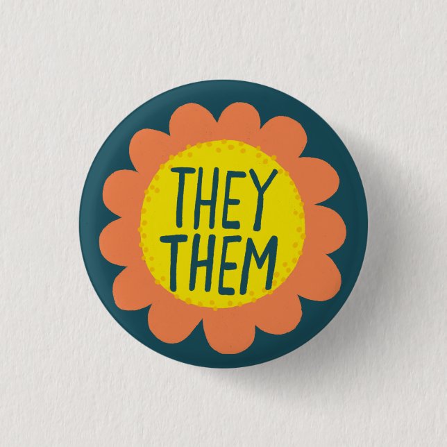 THEY / THEM Pronouns Flower Pride Handlettered 3 Cm Round Badge (Front)