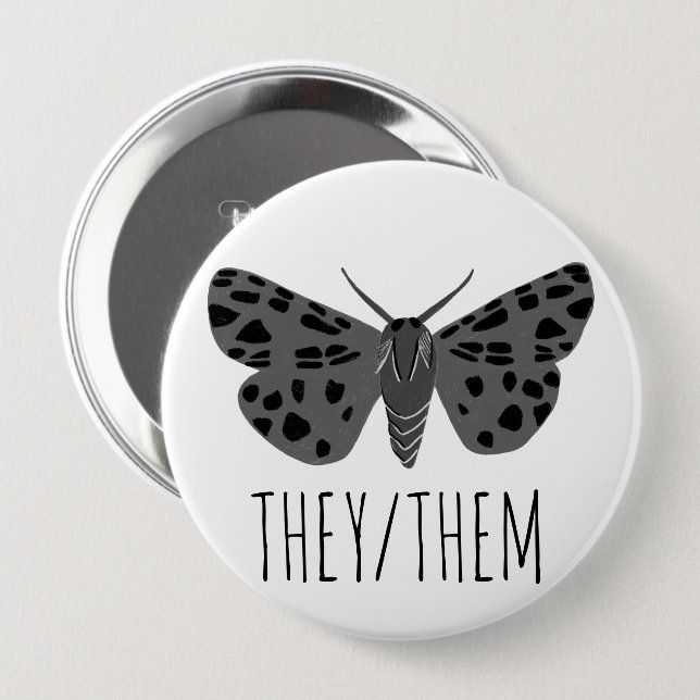 THEY/THEM Pronouns Handdrawn Moth Insect 10 Cm Round Badge (Front & Back)