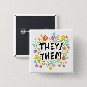 THEY/THEM Pronouns Rainbow Floral Wreath 15 Cm Square Badge