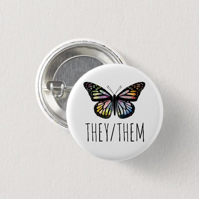 THEY/THEM Pronouns Watercolor Butterfly  3 Cm Round Badge (Front & Back)