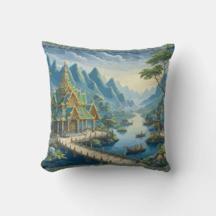 Thibaut Asian Scenic Blue and Green Decorative Cushion