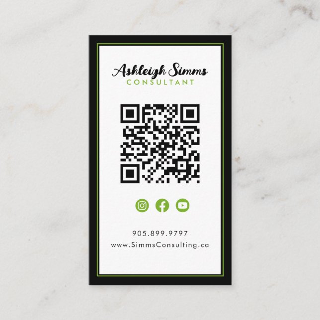 Thick Border Connect on Social Media Green QR Business Card (Front)