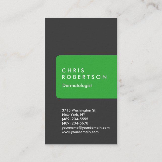 Thick Grey Green Dermatologist Business Card (Front)