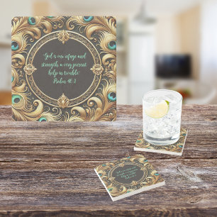 Thick Peacock Feather Frame Customizable Stone Coaster