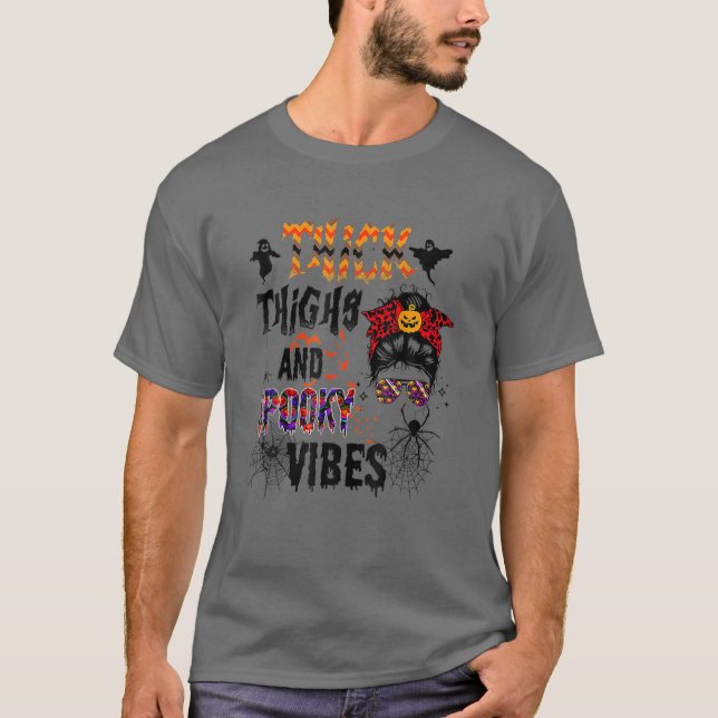 Thick Thighs And Spooky Vibes Funny Halloween Cost T-Shirt (Front)