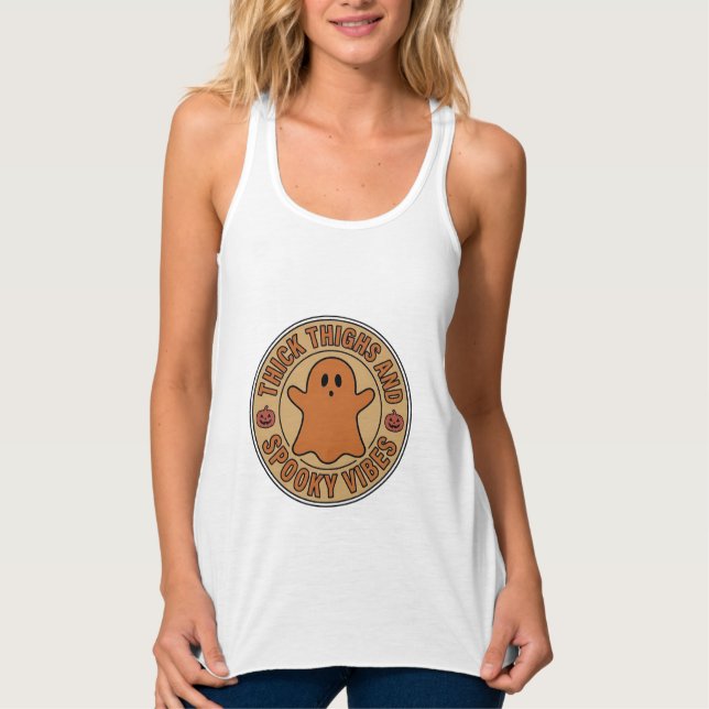 Thick Thighs and Spooky Vibes Ghost Halloween Tee_ Singlet (Front)
