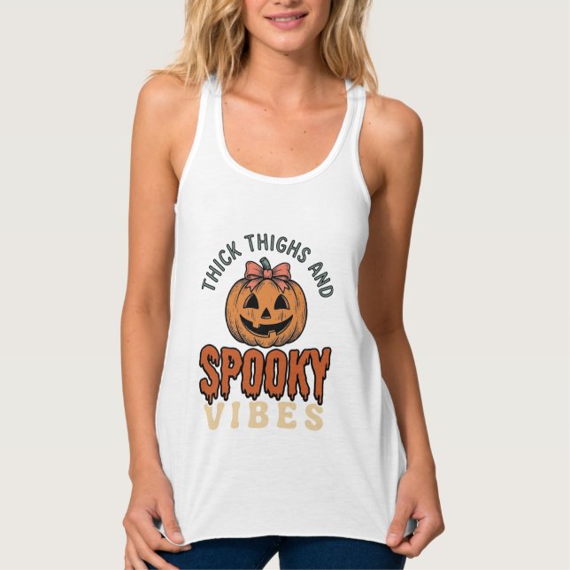 Thick Thighs And Spooky Vibes Pumpkin Halloween De Singlet (Front)