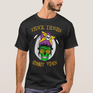 Thick Thighs Spooky Vibes Messy Bun Momster Hallow T-Shirt