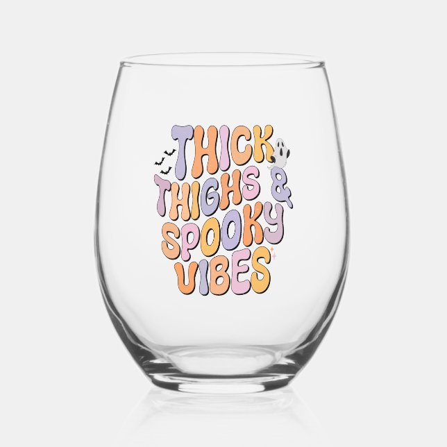 Thick Thighs & Spooky Vibes Stemless Wine Glass (Front)
