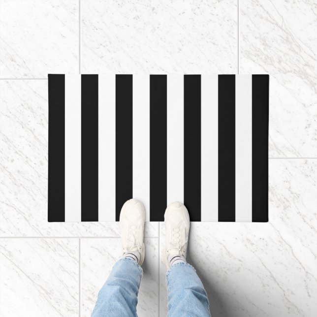 Thick Vertical Stripes Chic Black White Striped  Doormat (Indoor)