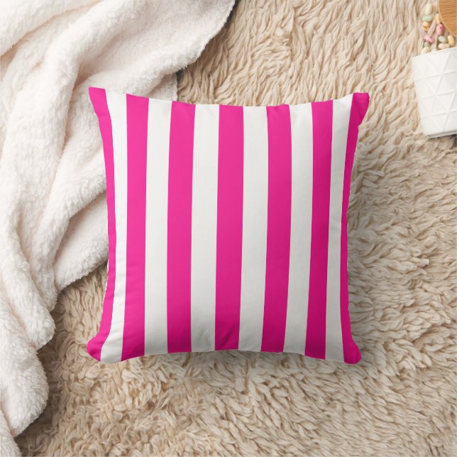 Thick Vertical Stripes Deep Pink And White Striped Cushion (Blanket)