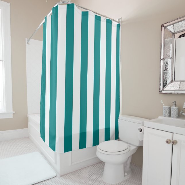 Thick Vertical Stripes Teal And White Striped Shower Curtain (In Situ)