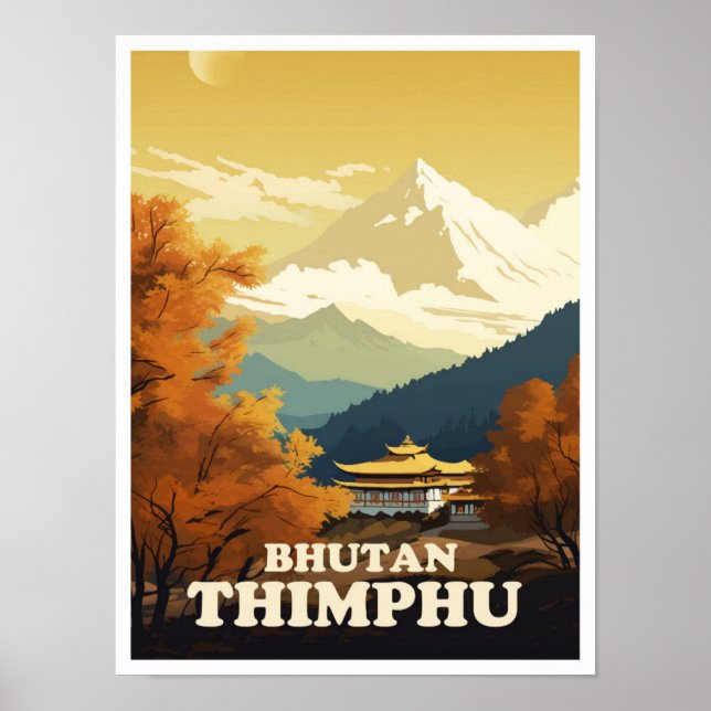 Thimphu Bhutan Art Vintage Travel Illustration Poster (Front)
