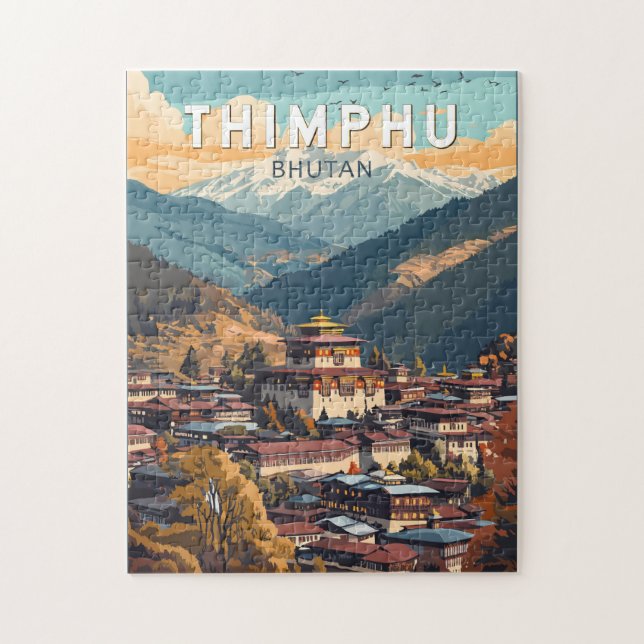 Thimphu Bhutan Illustration Travel Art Vintage Jigsaw Puzzle (Vertical)