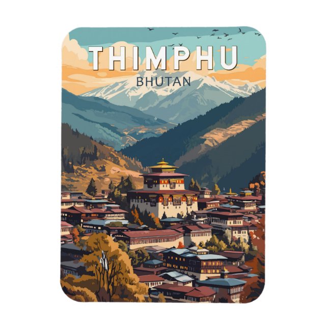 Thimphu Bhutan Illustration Travel Art Vintage Magnet (Vertical)