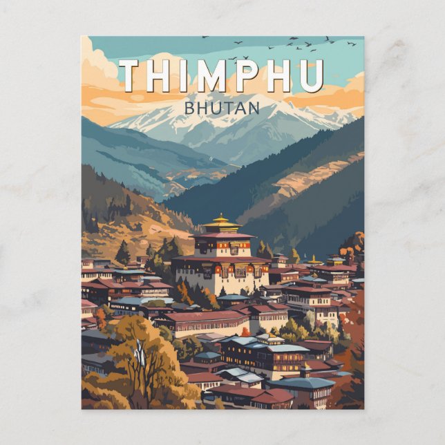 Thimphu Bhutan Illustration Travel Art Vintage Postcard (Front)