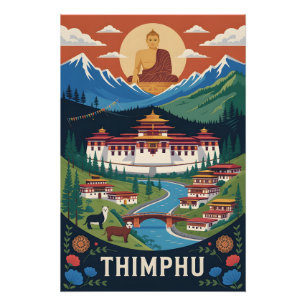 Thimphu Bhutan Retro Travel Poster