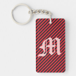 Thin Black and Red Diagonal Stripes Key Ring