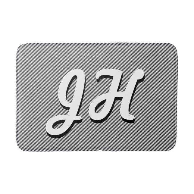 Thin Black & White Stripes | Retro-Styled Initials Bath Mat (Front)
